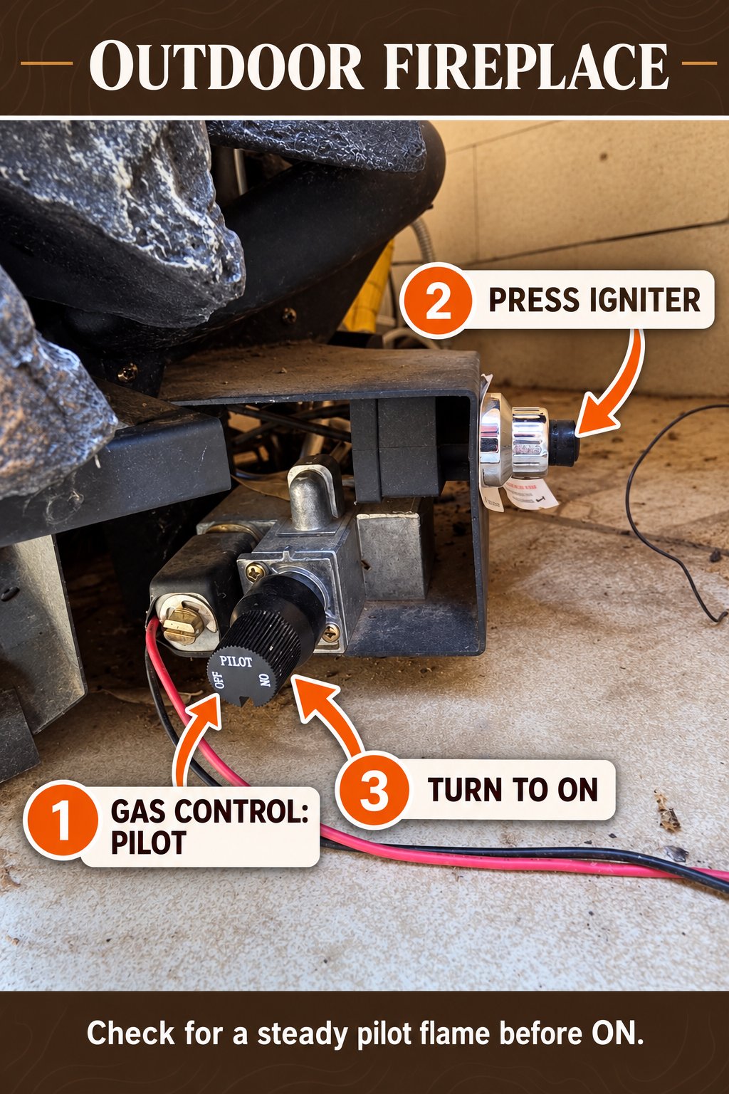 Outdoor fireplace pilot-control photo with arrows to the large black OFF/PILOT/ON knob and the small black igniter button. The shared gas timer in front of the fireplace is not shown.